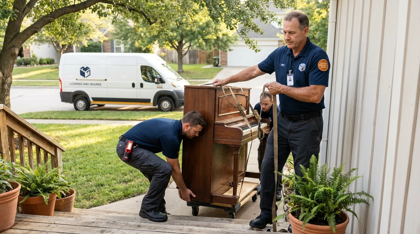 Licensed piano movers securing grand piano in Montgomery, IL