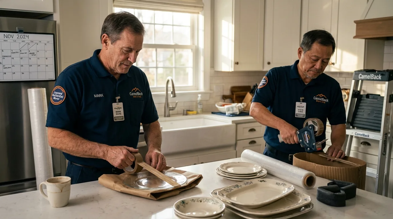 Professional crew packing kitchen dishware in Montgomery, IL